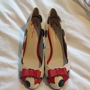 Lulu Ravenna Cream Polka Dot Flats with Red Bow Accent